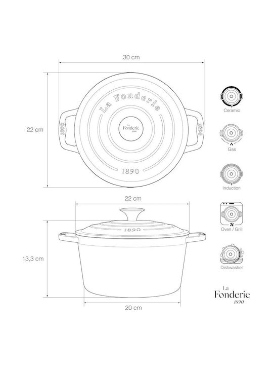 HKoenig Round Cast Iron Dutch Oven 30cm 3.3lt