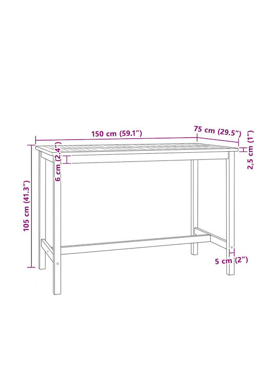 Outdoor Teak Bar Table 150x75x105cm