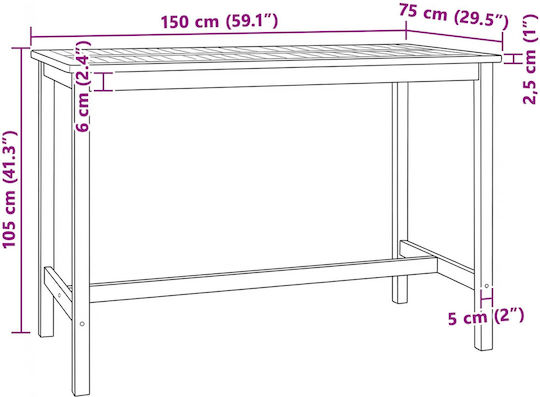 Τραπέζι Μπαρ Εξωτερικού Χώρου από Teak 150x75x105εκ.
