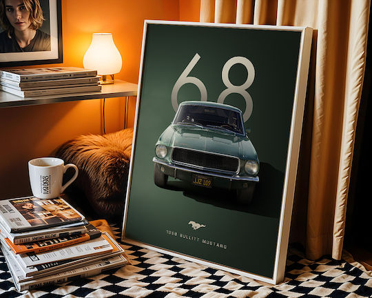 Poster 1968 Bullitt Mustang Cr003 40cm X 50cm White Wooden Frame