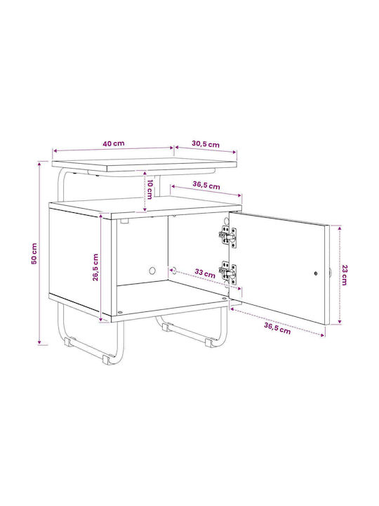 Wooden Bedside Table with Black Metal Legs 40x36.5x50cm