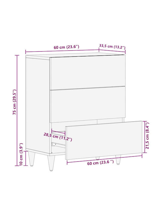 Cabinet Storage Solid Wood with 3 Drawers L60xW33xH75cm