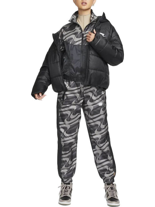 Sportswear Women's for Hiking Short Puffer Jacket for Winter with Hood Black