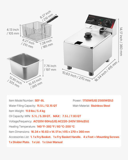 Vevor Ηλεκτρική Φριτέζα 2.5kW Χωρητικότητας 7.5lt