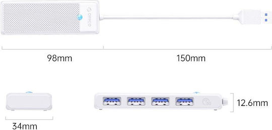 Orico Hub 4 Θυρών USB 3.0 με σύνδεση USB-A Λευκό