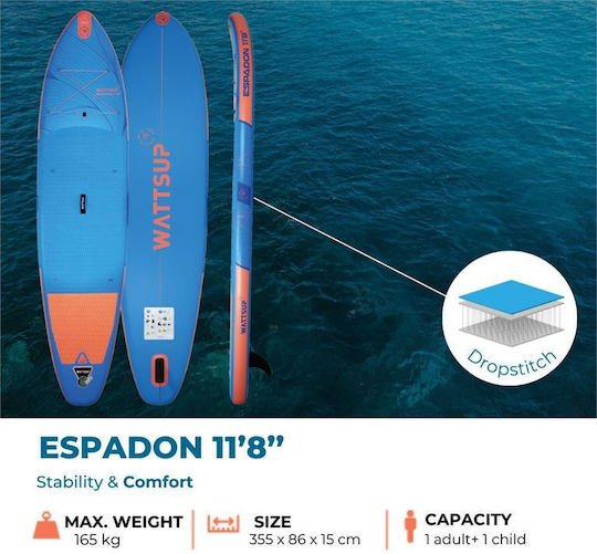 Wattsup Espadon 11'8" Aufblasbare SUP Board / Kajak mit Länge 3,55 m Hellblau