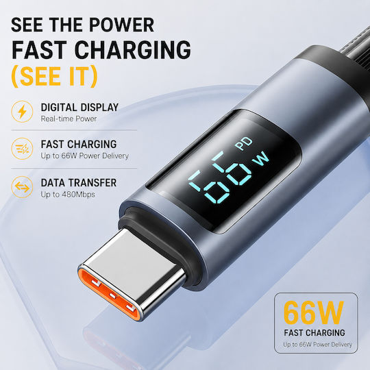 Geflochtenes LED Kabel USB Typ-C männlich - USB-A 66W Schwarzes 1,2m TG-UC66D-120-BK