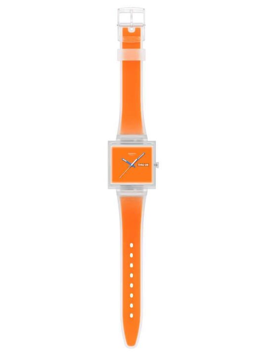 Swatch Thru Men's Battery Watch with Orange Rubber Strap