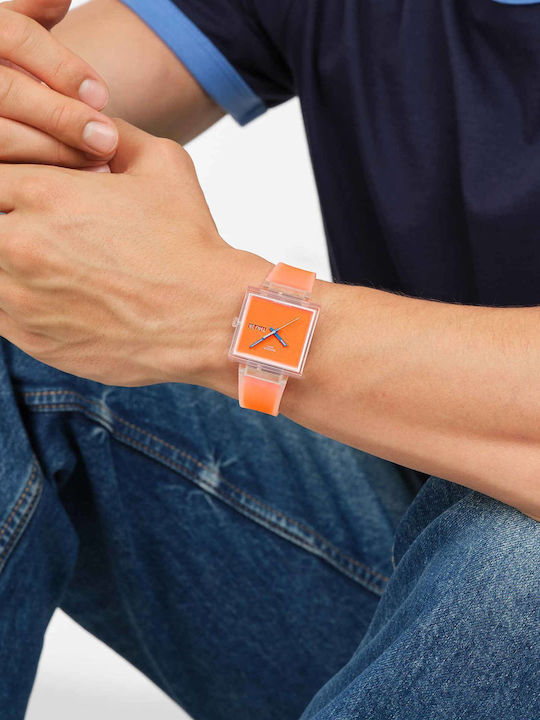 Swatch Thru Men's Battery Watch with Orange Rubber Strap