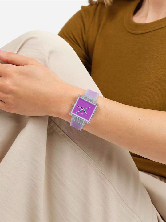 Swatch Damenuhr Batterie mit Lila Gummi Armband