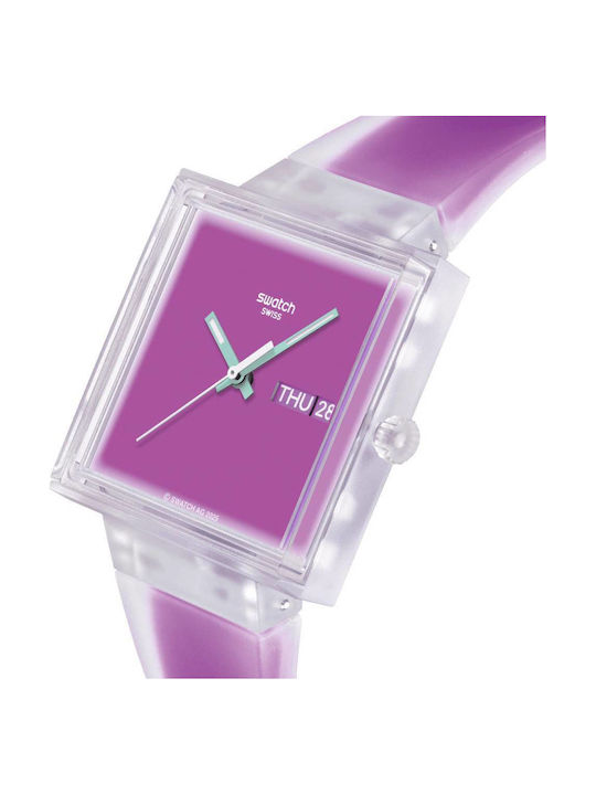 Swatch Damenuhr Batterie mit Lila Gummi Armband