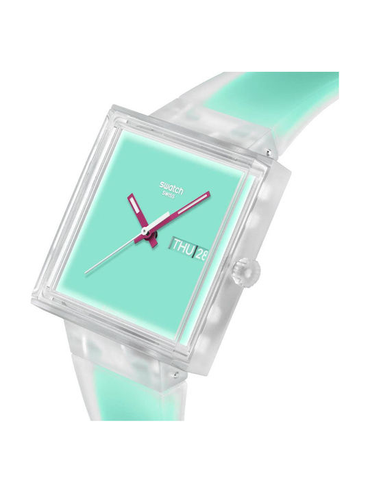 Swatch Damenuhr Batterie mit Grünem Gummiarmband