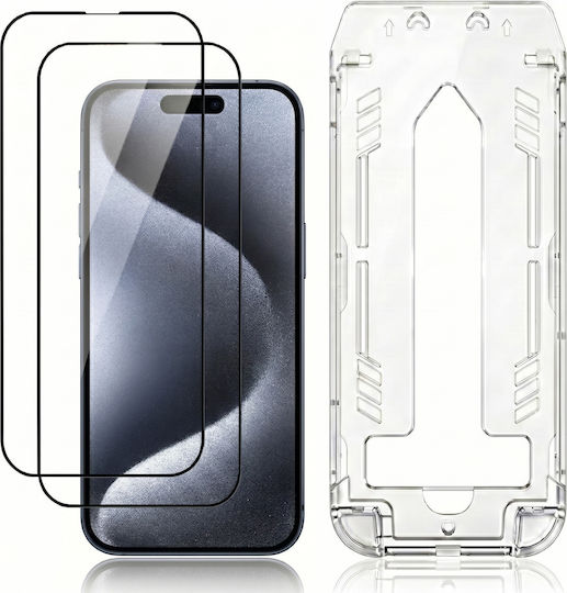 3mk Pachet 2 Folii Protectie Telefoane Tempered Glass iPhone 15 Pro Cadru Aplicator Negru Transparent