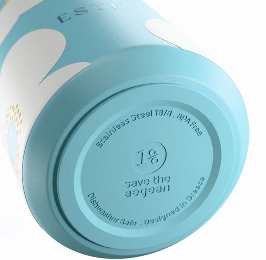 Estia Lens Save The Aegean Thermos Cup Stainless Steel BPA Free 360ml Blue Daisy with Straw
