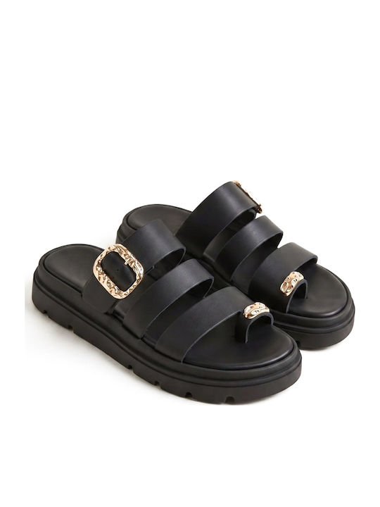 Sandale Casual Damă Flatforme Negre Din Piele