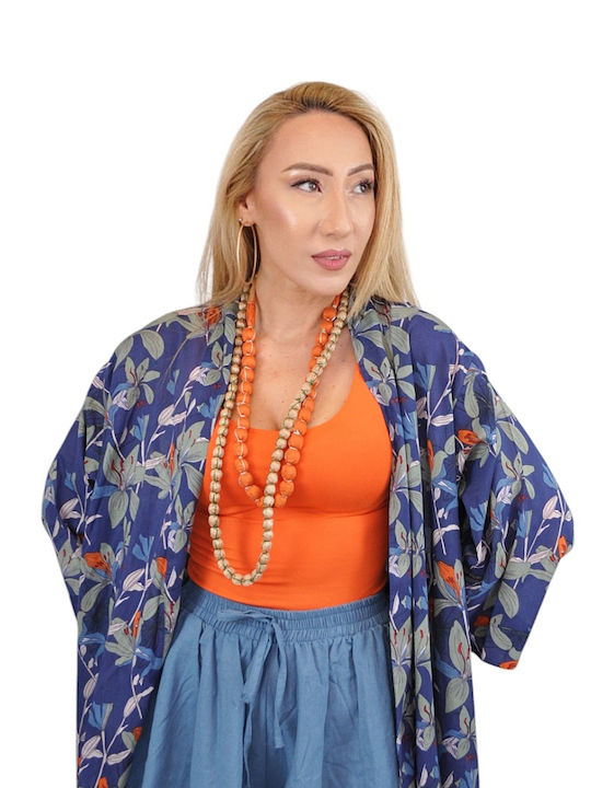 Kalimera Clothing Athens Дамско Кимоно За Плаж Синьо Флорално