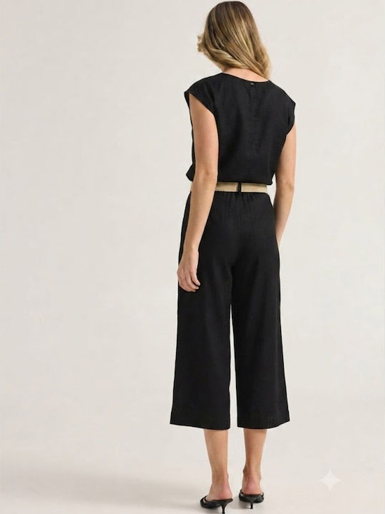 Pantaloni Capri Din Țesătură Cu Talie Înaltă Cu Elastic Negru