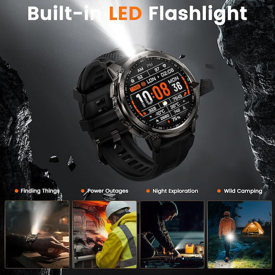 Kospet Tank T4C Stainless Steel 50mm Waterproof Smartwatch with Heart Rate Monitor Black M/L
