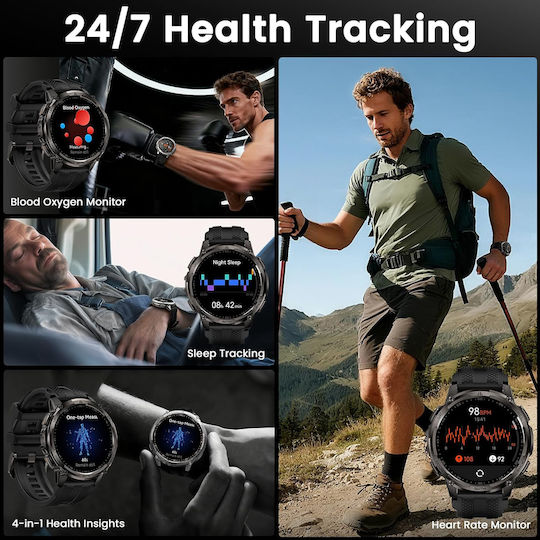 Kospet Tank T4C Stainless Steel 50mm Waterproof Smartwatch with Heart Rate Monitor Black M/L