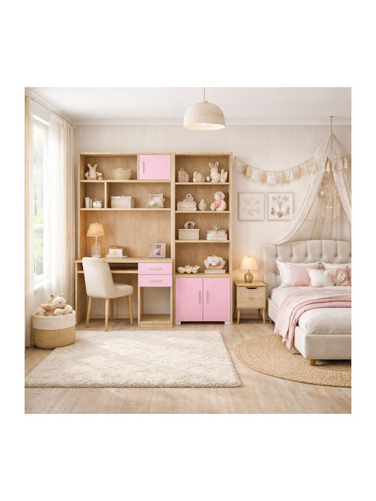 Kinder Schreibtisch mit Bibliothek aus Melamin Rosa 175x55x180cm
