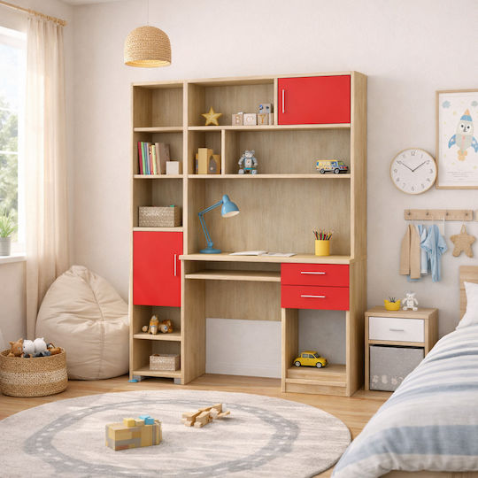 Kinder Schreibtisch mit Bibliothek aus Melamin Rote 140x55x180cm