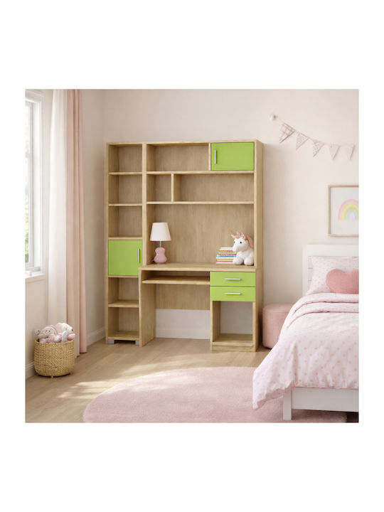 Birou pentru copii cu Bibliotecă din Melamină Verde 140x55x180cm