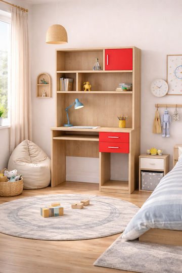 8-14 Kinder Schreibtisch mit Bibliothek aus Melamin Rote 100x55x180cm