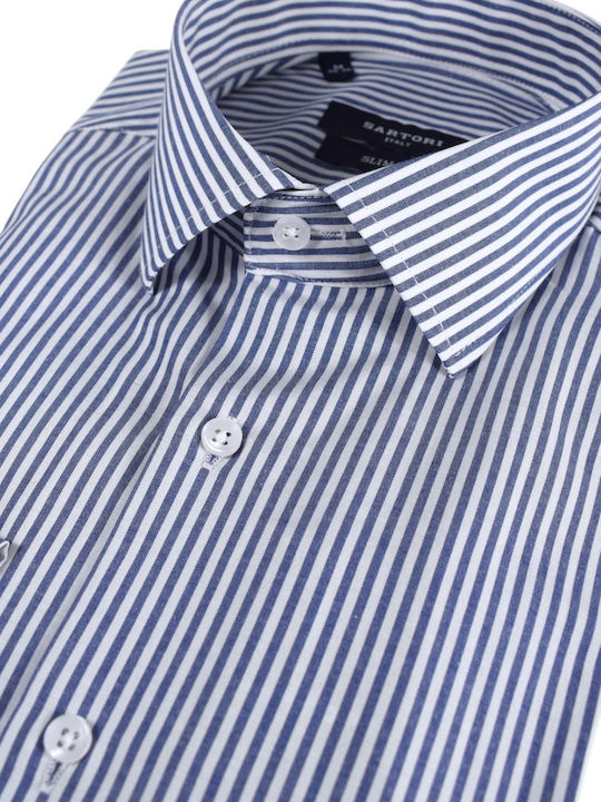 Langärmeliges Gestreiftes Herrenhemd Blau 7-4485-blau-L