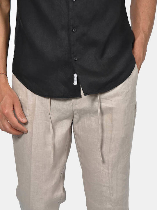 Short Sleeve Linen Shirt in Regular Fit Black