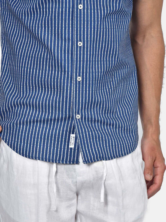 Short Sleeve Linen Shirt in Regular Fit Striped Blue
