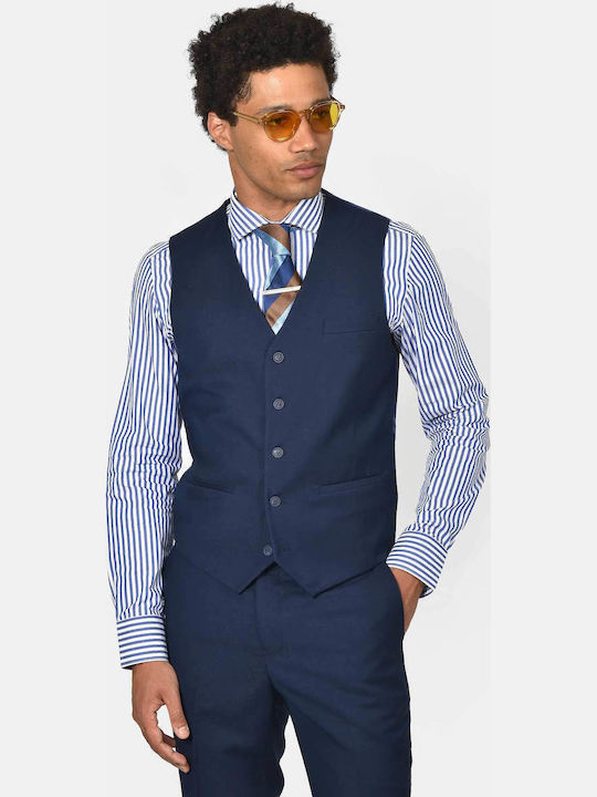 Costum Barbati Cu Vestă Cu Fit Slim Albastru Marin