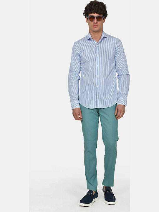 Long Sleeve Cotton Shirt in Regular Fit Striped Light Blue