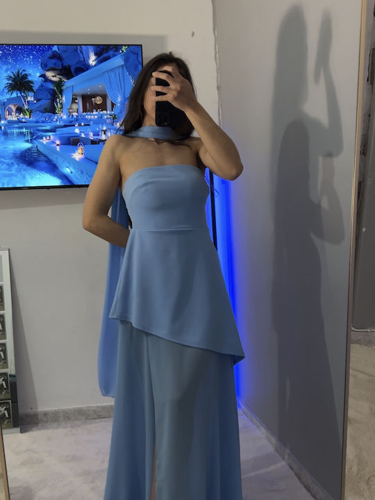 Καλοκαιρινό Maxi Φόρεμα για Γάμο / Βάπτιση Strapless με Τούλι Γαλάζιο