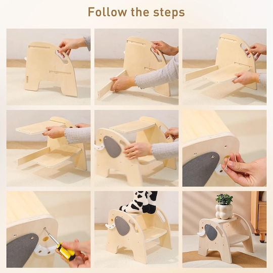 Turn de învățare Montessori din lemn pentru copii Scăunel de baie înalt cu 2 trepte antiderapant design elefant Bebelogic