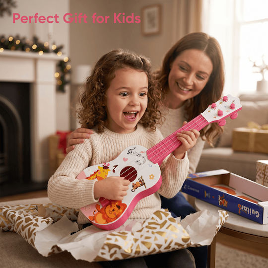 Chitară Jucărie Copii 3-8 Ani Mini Ukulele 4 Corzi Animale Cadou Băieți Fete Instrument Muzical Educațional 40 Cm Roz