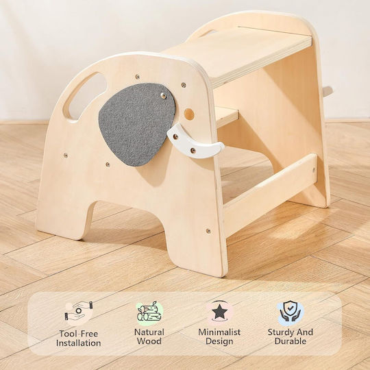 Turn de învățare Montessori din lemn pentru copii Scaun înalt de baie cu 2 trepte antiderapant design elefant BebeLogic