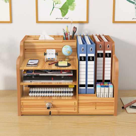 Organizator de Birou din Lemn cu 9 Compartimente Sertar Suport pentru Chei Organizator de Documente A4 Accesorii pentru Bibliorafturi 38.8 X 29 X 28 Cm Maro Deschis