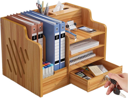 Organizator de Birou din Lemn cu 9 Compartimente Sertar Suport pentru Chei Organizator de Documente A4 Accesorii pentru Bibliorafturi 38.8 X 29 X 28 Cm Maro Deschis