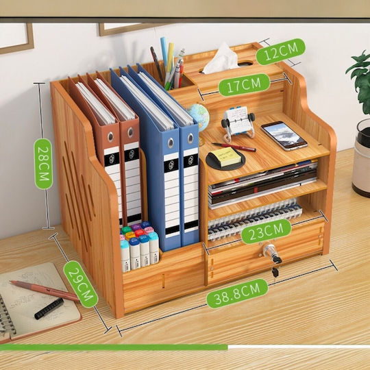 Organizator de Birou din Lemn cu 9 Compartimente Sertar Suport pentru Chei Organizator de Documente A4 Accesorii pentru Bibliorafturi 38.8 X 29 X 28 Cm Maro Deschis