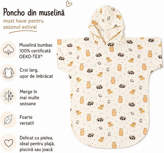 Kidizi Cuddly Buddies Dublu Muselină Poncho pentru copii 3-6 ani – Cu glugă Uscare rapidă Croială lejeră Plajă Piscină