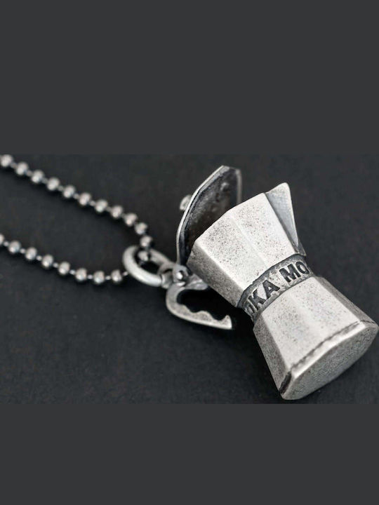 Men's Espresso Machine Pendant Handmade Silver 925 Cord Faux Leather 60cm