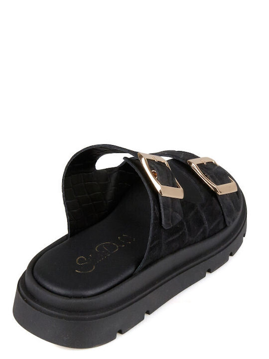 Δερμάτινα Γυναικεία Σανδάλια Flatforms Μαύρα