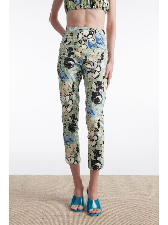 Pantaloni Dama Albastru Set Cu Pantalon High Rise Fit Slim Floral