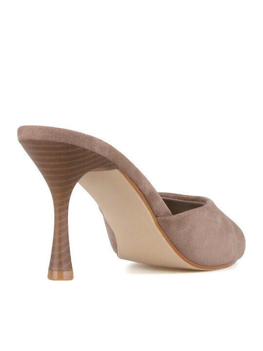 Suede Damen Pantoletten mit Hoch Absatz in Braune Farbe
