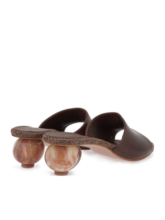 Leather Mules with Low Heel in Brown Colour