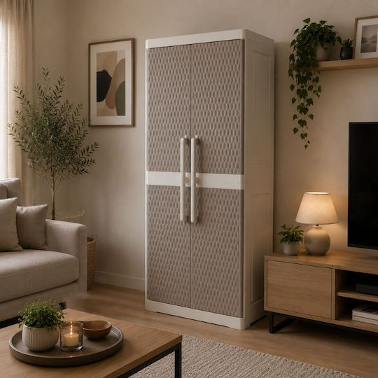 Double Door Wardrobe Rattan XL Plastic with 4 Shelves Light Grey / Warm Grey 312 89x54x190cm