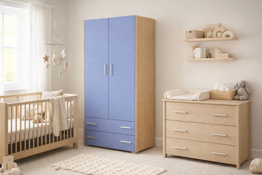 2 Zwei Türen Kinderkleiderschrank mit 2 Schubladen Eiche-Blau 105x50x180cm