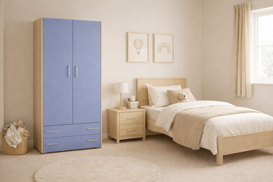 2 Zwei Türen Kinderkleiderschrank mit 2 Schubladen Eiche-Blau 105x50x180cm
