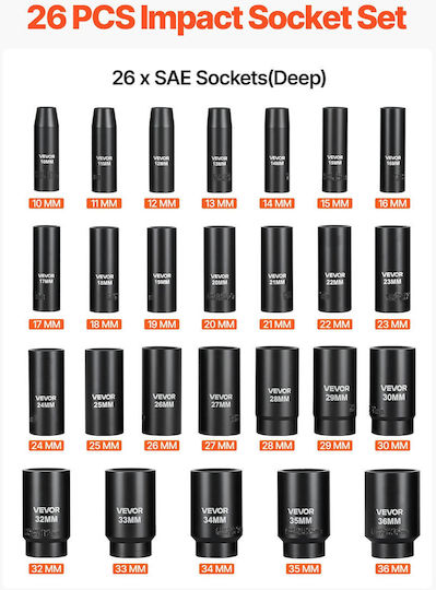 Vevor Pneumatic Sockets with 1/2" Frame Host Set 26 Pieces