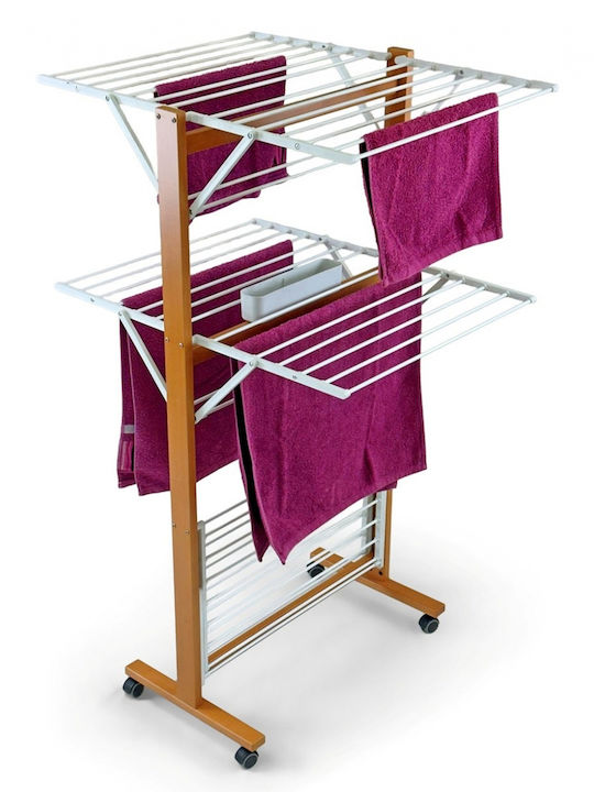 GreenTech Folding Floor Wooden Clothes Drying Rack with Wheels with 25m Hanging Length